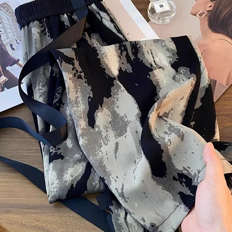 Pantalones de pierna ancha de seda de hielo para mujer, ropa de calle informal Y2K, Pantalones rectos de cintura alta, moda coreana, pantalones sueltos Tie Dye Chic, Verano