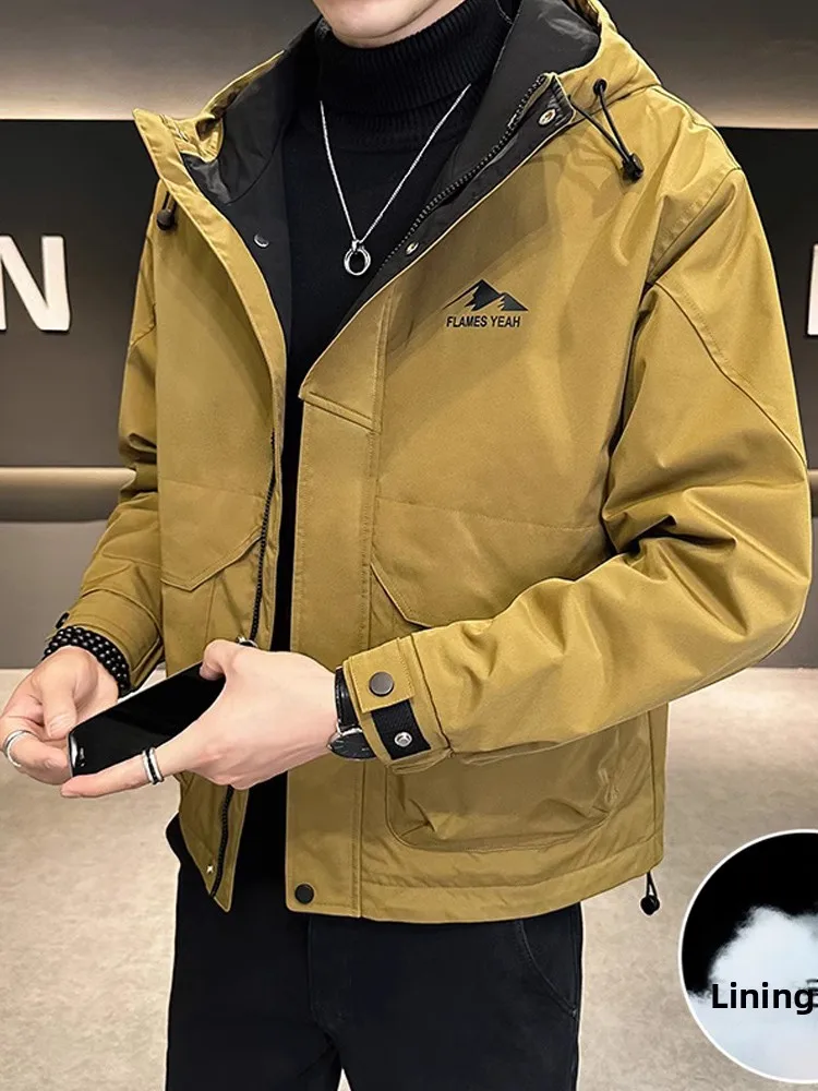 

Мужская стеганая куртка с капюшоном, повседневное хлопковое пальто, теплая осень-зима, модная брендовая рабочая одежда цвета хаки, застежка-молния