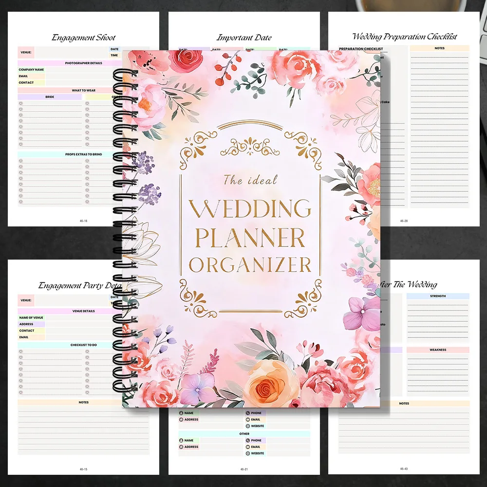 1PC Notebook, Lush Floral & Gold-Embellished, Coil-Bound, 2026 Wedding Planner Organizer Notebook, Great for Venue Coordination