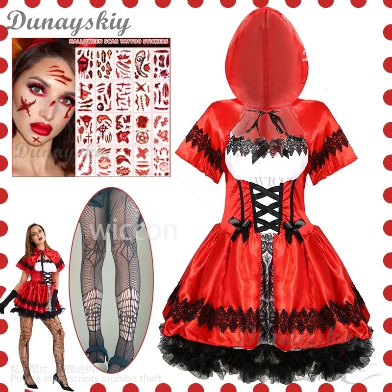 2024 Anime Cosplay Halloween Little Red Riding Hood Costume Costume Goth Lolita Sexy Stocking With Horror Fake Tattoos Roleplay