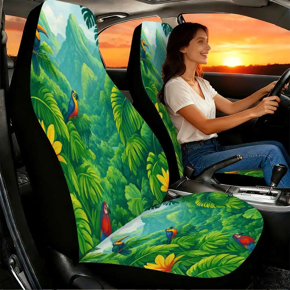 2pcs Tropical Parrot Jungle Car Seat Covers | High Back Design, Polyester Material, Universal Fit For Cars, SUVs, And Trucks, Wo