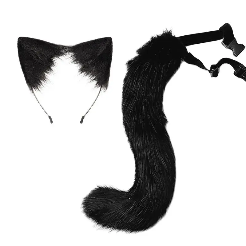 Fluffy Fox Cat Ears Headwear Animal Ears Headband Hair Hoop Tail Set Halloween Party Cosplay Accessories