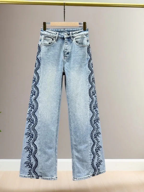 

High Waist Loose Wide Leg Jeans Extended Length Floor Swee Pants Casual Sle Multi ket Embroidery Spring Collection