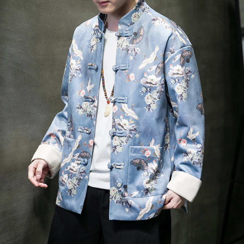 

Художественная мужская замшевая куртка в стиле ретро с принтом журавля, китайский костюм Тан, молодежное пальто большого размера, осенне-зимняя верхняя одежда