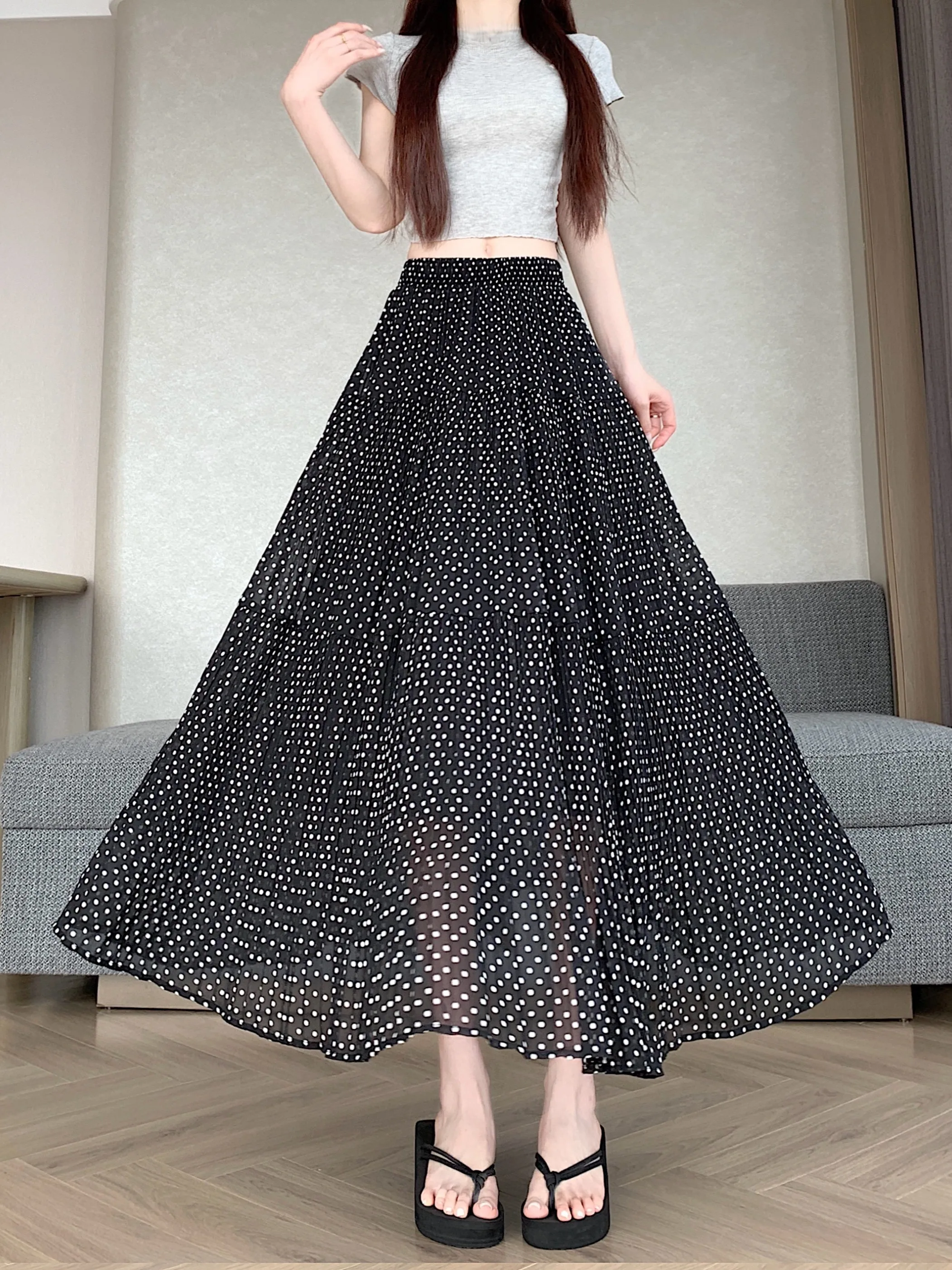 High Waist A-Line Skirt Bohemian Polka Dot Midi Cake Skirt Women's Mid-Year Travel Polyester Fiber Gingham Check Skirt