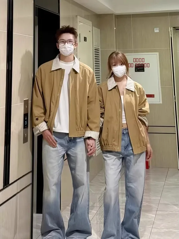 

Американский джат в ленивую полоску с лоскутным воротником, свободная рабочая одежда цвета хаки, верхняя одежда, модный повседневный топ, мужское пальто на молнии