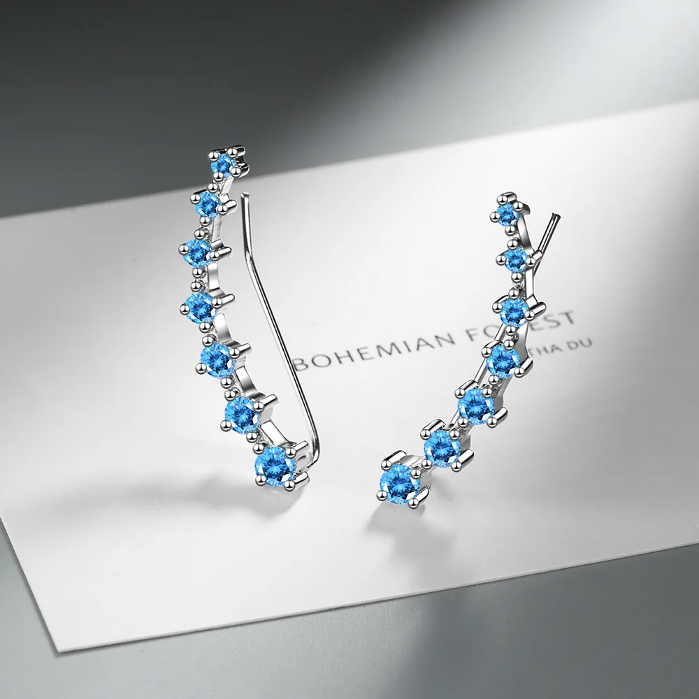 Genuine Natural Sky Blue Topaz 925 Sterling Silver Crawler Ear Climber Stud Earring for Women Fashion Statement Gemstone Jewelry