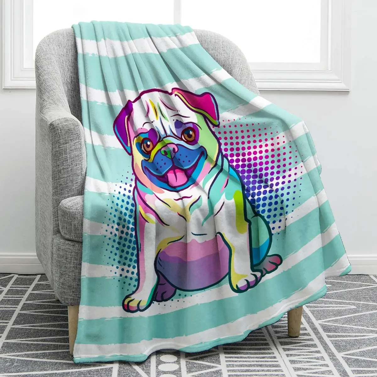 Pug Dog Print Blanket Cute Soft Colorful Flannel Throw Blanket Kid for Sofa Chair Bed Office Travelling Camping Lightweight