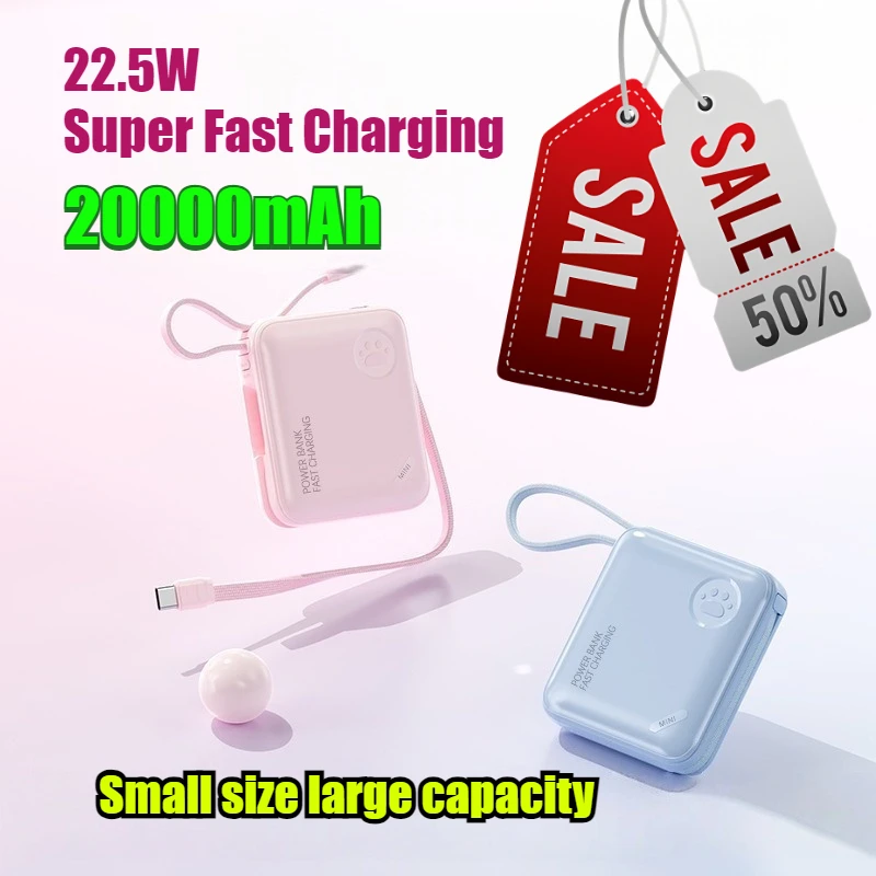22.5W 20000mAh Built-in Cable Power Bank Mini Compact Portable Fast Charging External Battery