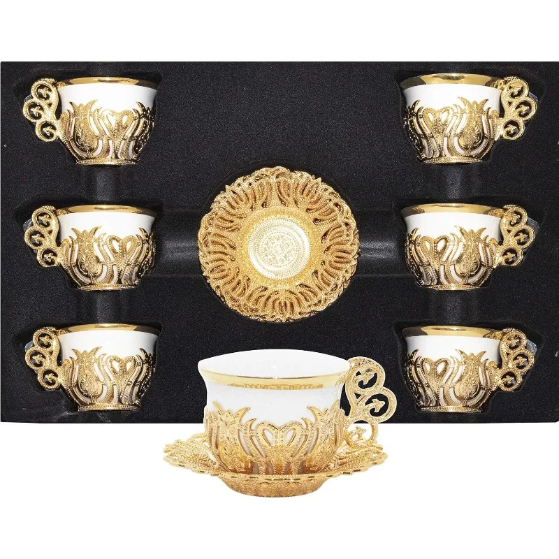 

Turkish Coffee Cup Set, White Porcelain and Zinc Metal with Turkish Motifs, 6 Cups and Saucers (Gold)