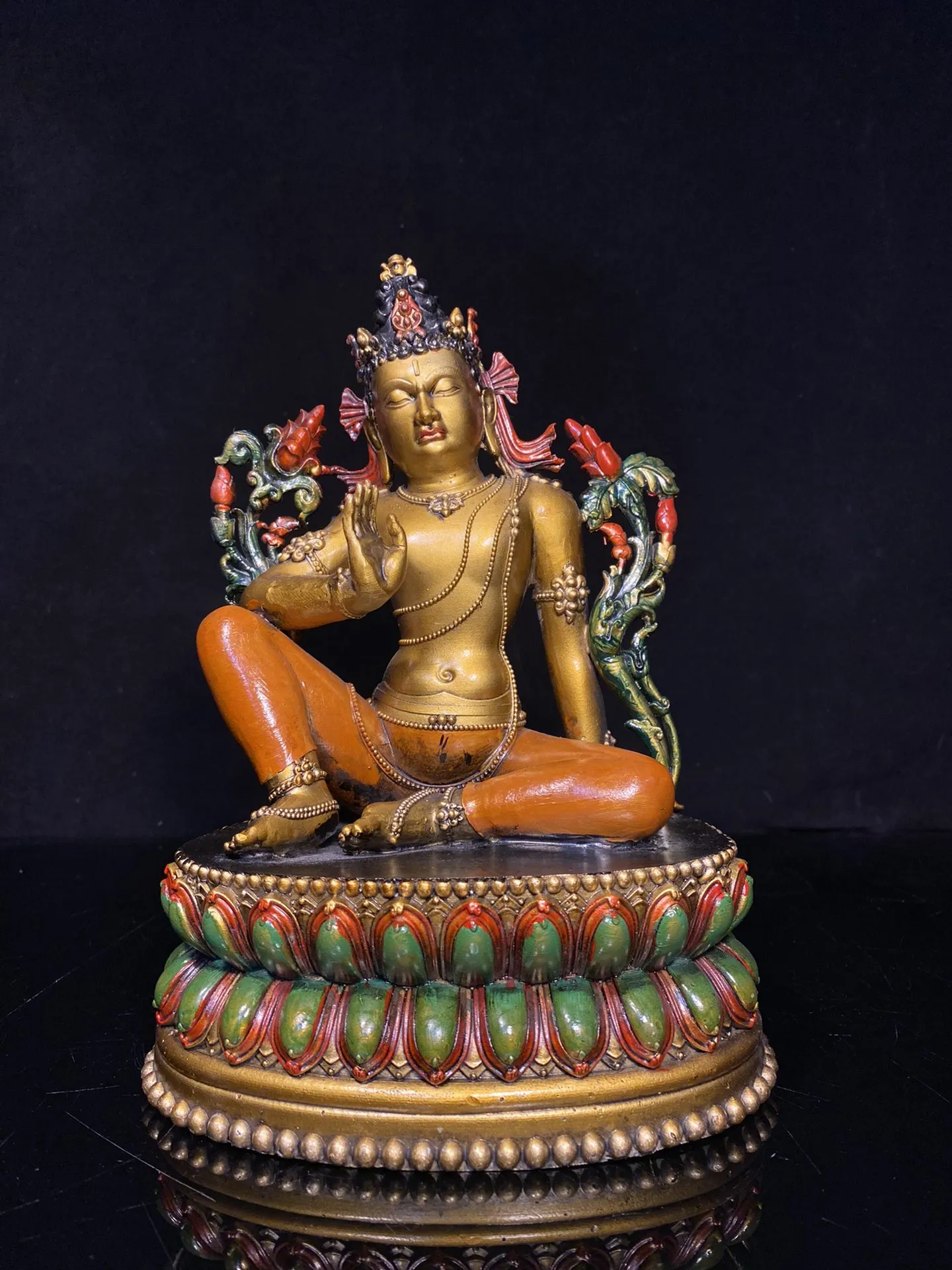 

10"Tibetan Temple Collection Old Bronze Painted Guanyin Bodhisattva Sitting Buddha lotus platform Worship Hall Town house