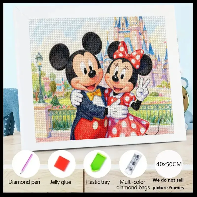 

1PC Disney Mickey & Minnie Mouse 5D Diamond Painting Full Kit, DIY Cute Cartoon Couple Castle Rhinestone Art, Large 40x50CM Full