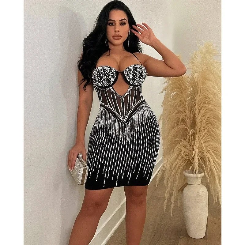 

KEXU Diamonds Sleeveless Strapless Stretchy Bodycon Women Mini Dress Sheer Night Club Party Sexy Vestidos Summer Outfits