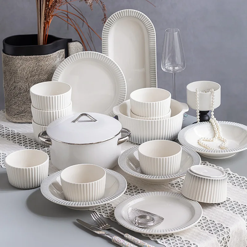 1Set Nordic Gradient Vertical Pattern Luxury Ceramic Tableware Dish Set For Home Use Bowl Plate Kitchenware Complete Set