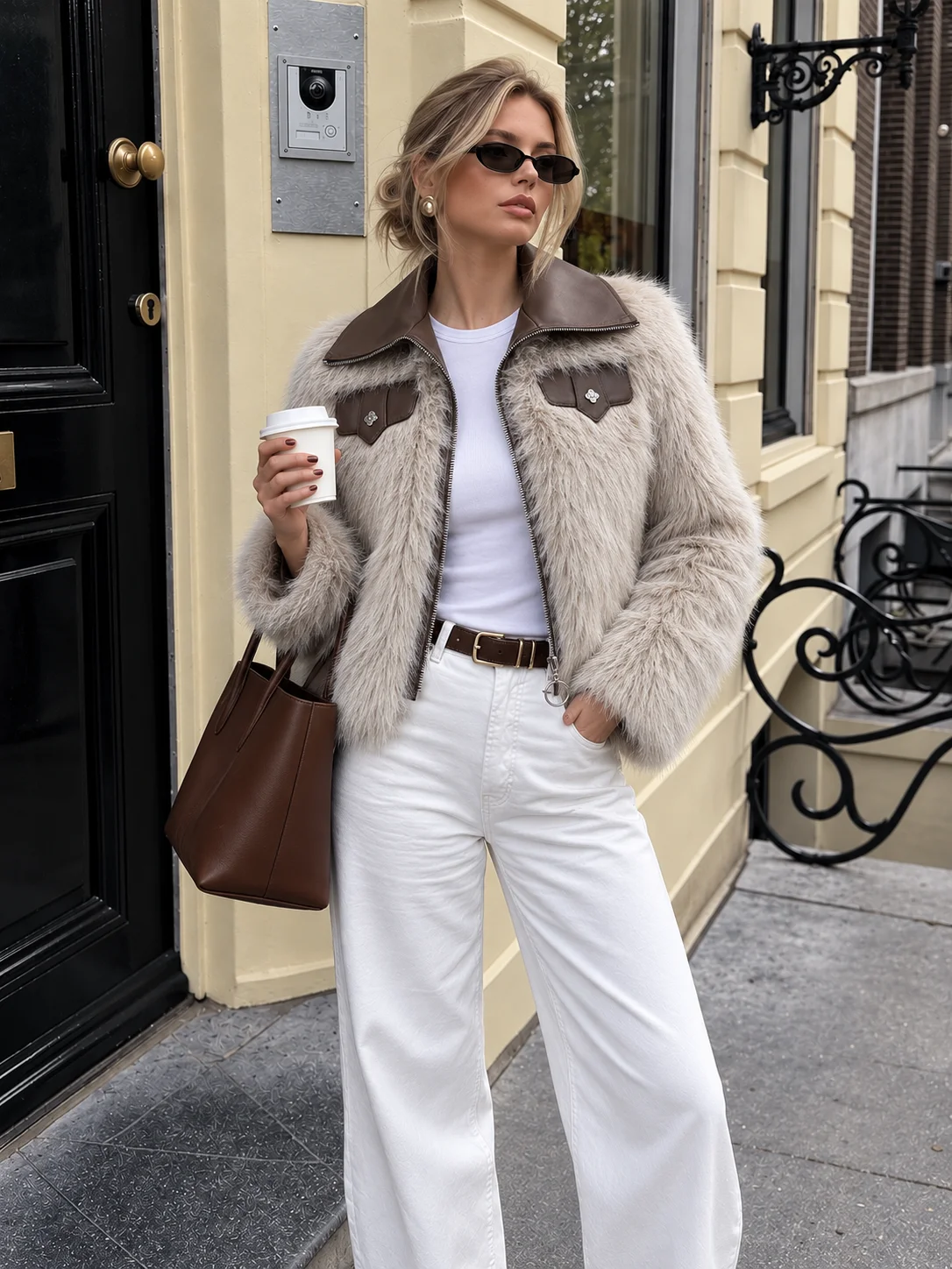 Luxury Faux Fox Fur Cropped Jacket Women Zip Up Long Sleeve Fluffy Winter Coat Trim Leather Jacket Vintage Outerwear Top Y2K