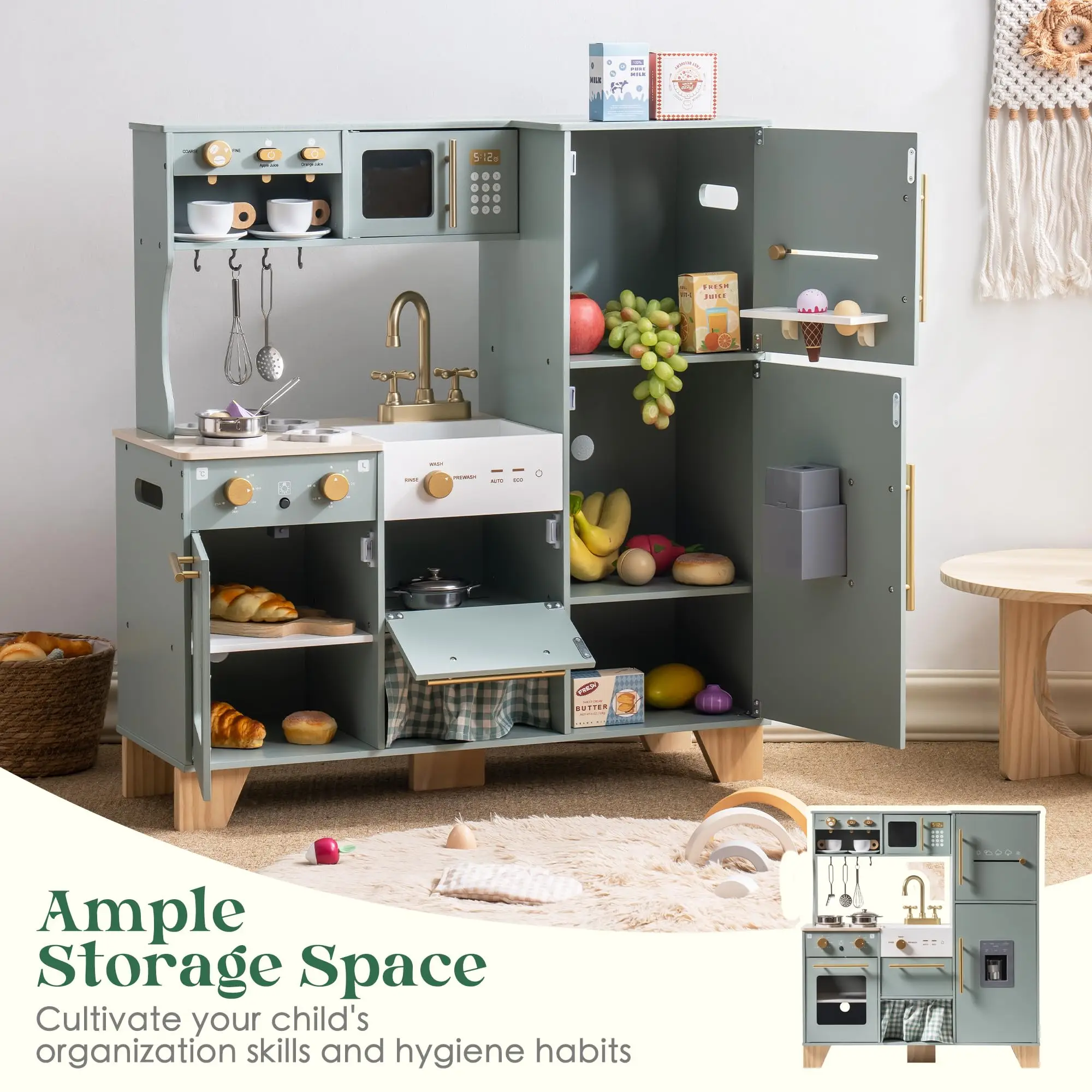 ROBOTIME ROBUD Cucina de juego de esquina 10 en 1 Juguete de madera con electrodomésticos y utensilios para niños pequeños 3+