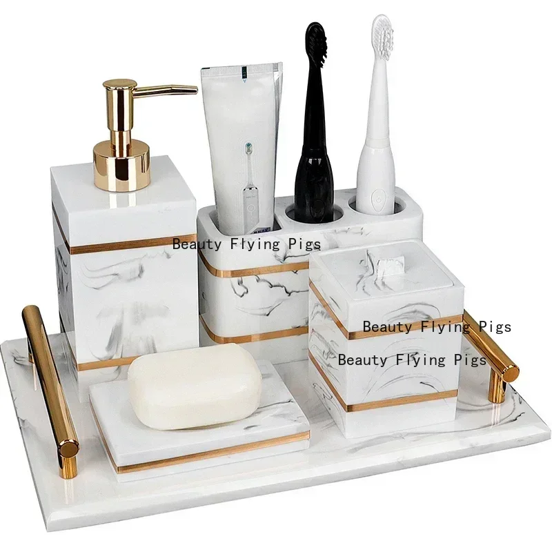 Nordic Natural Resin Lotion Bottle Mouth Cup Soap Dish Toothbrush Holder Tissue Box Cotton Swab Box Tray Washing Tools Set