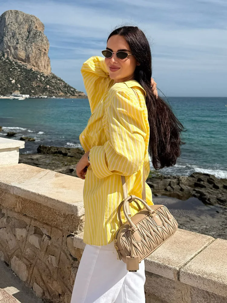 HH الإناث الصيف قمصان غير رسمية الأصفر بدوره إلى أسفل طوق كم طويل جيب تزيين واحدة الصدر المرأة بلوزات الموضة