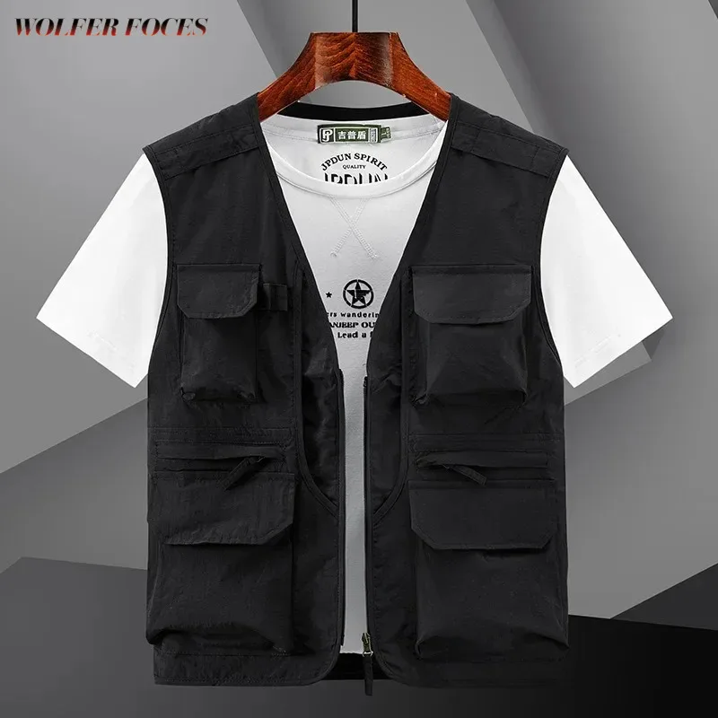 Work Fishing Leather Vests for Men Embroidered MAN Vest Jackets Hunting Multi-pockets Multi-pocket Fashion Plus Size Outerwear