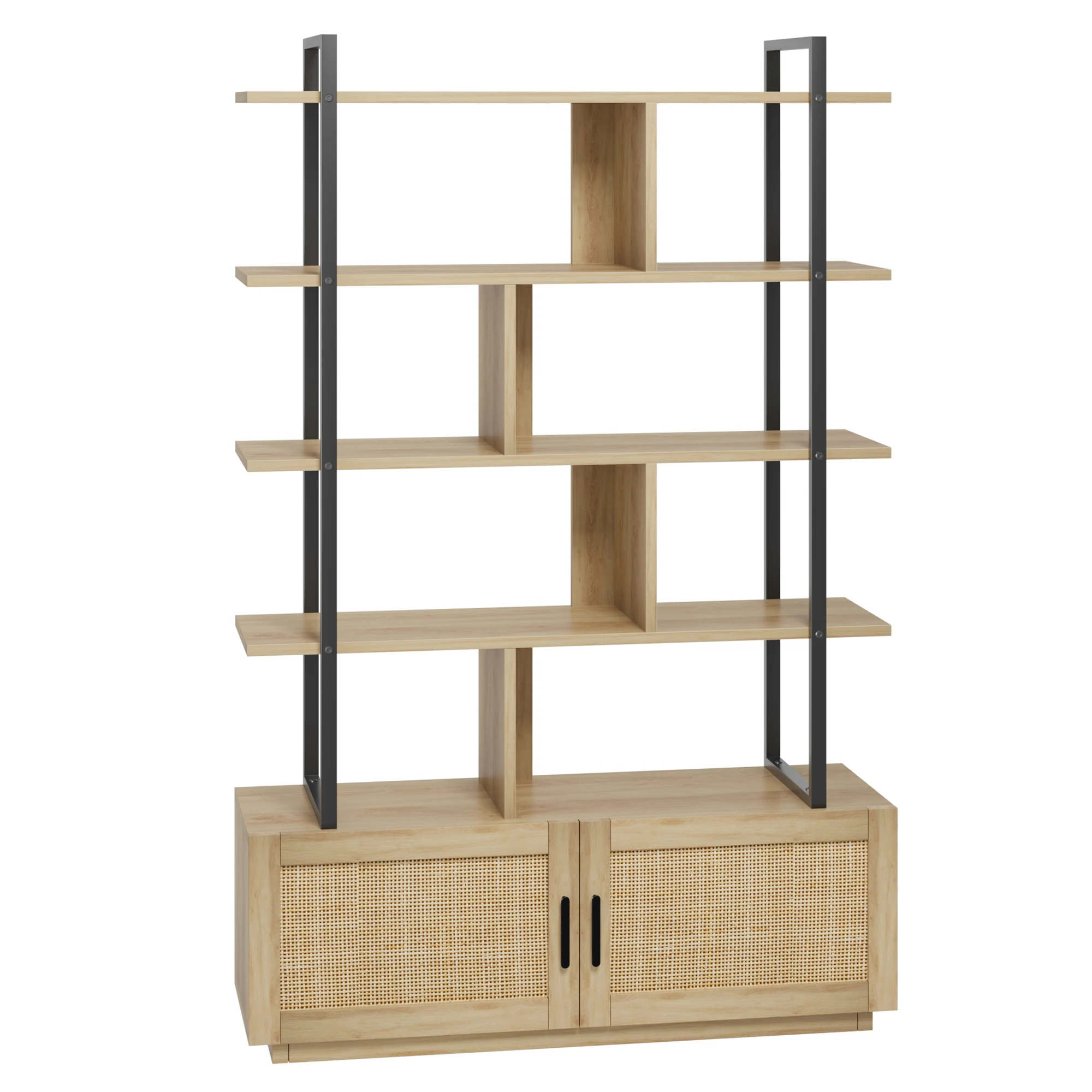 5 Tier Rattan Bookshelf with Storage Cabinet Door 71.1 Inch Tall Industrial Book Shelf with Open Display Shelves for Living Room