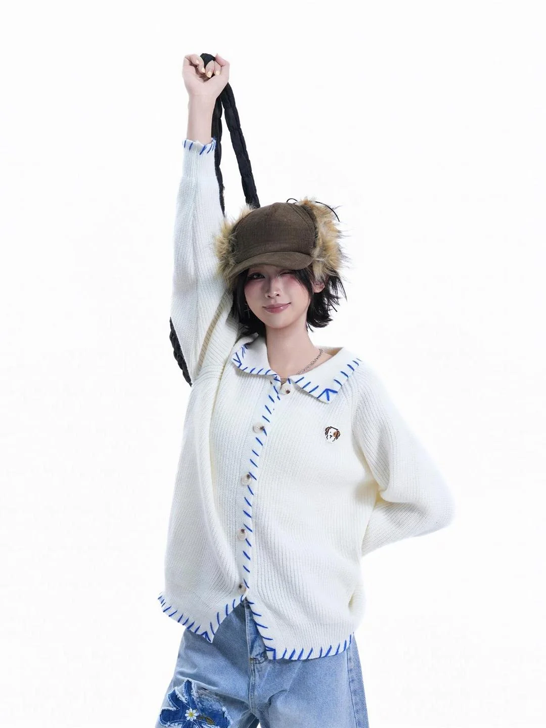 

Korean Sle Simple Stitching Design Knitted Open Cardigan Loose Versatile Lazy Embroidery Sweater Jaet Trendy ex