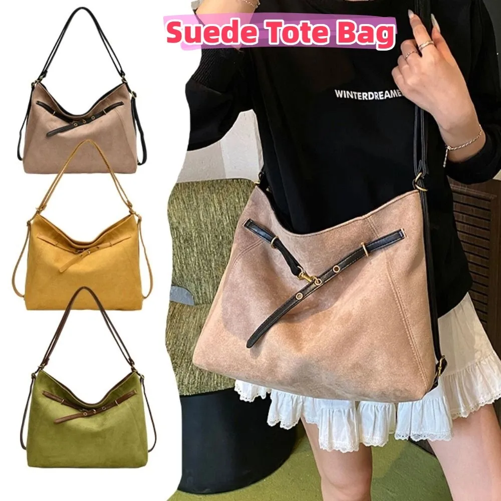 

Cute Large Capacity Suede Tote Bag Elegant Pure Color Retro Crossbody Backpack Vintage Handbag Commuting Shoulder Bag Girls