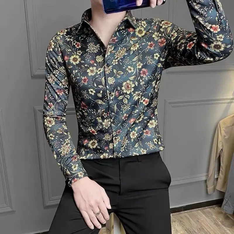 Vintage Fashion Sping Autumn Men Turn-down Collar Printing Single Breasted Korean Trend All-match Loog Sleeve Loose Shirts Tops