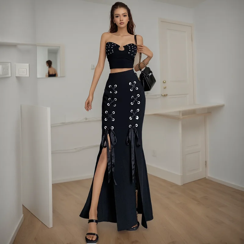 

Женская юбка винтажная летняя весенняя длинная юбка трапециевидной формы с высокой талией на шнуровке в готическом стиле с рюшами в Корейском стиле, сексуальная праздничная юбка, одежда