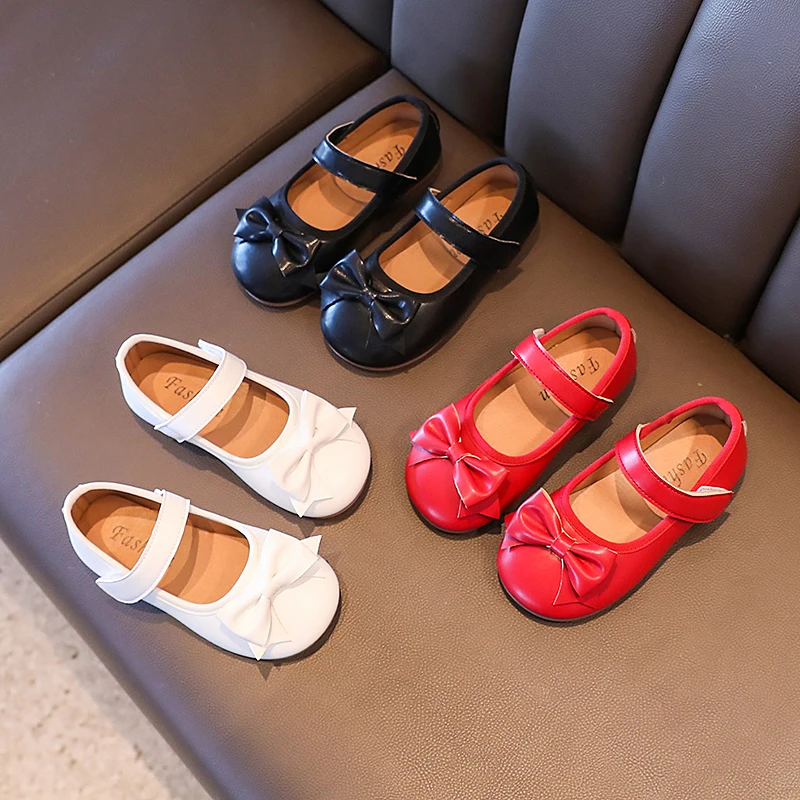 Princess Girls Shoes Kids Leather Shoes For Medium Big Girl Children Casual Flats Bow Shoes For Wedding Ball Dance Birthday Show