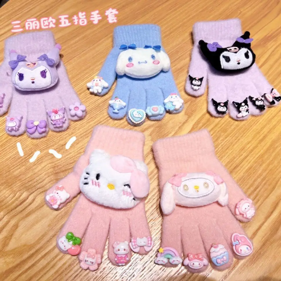 

Sanrio Hello Kitty Kuromi Fashion Plush Knitted Comfort Cartoon Cute Gloves Winter Cold-Proof Warm Five-finger Gloves with Doll