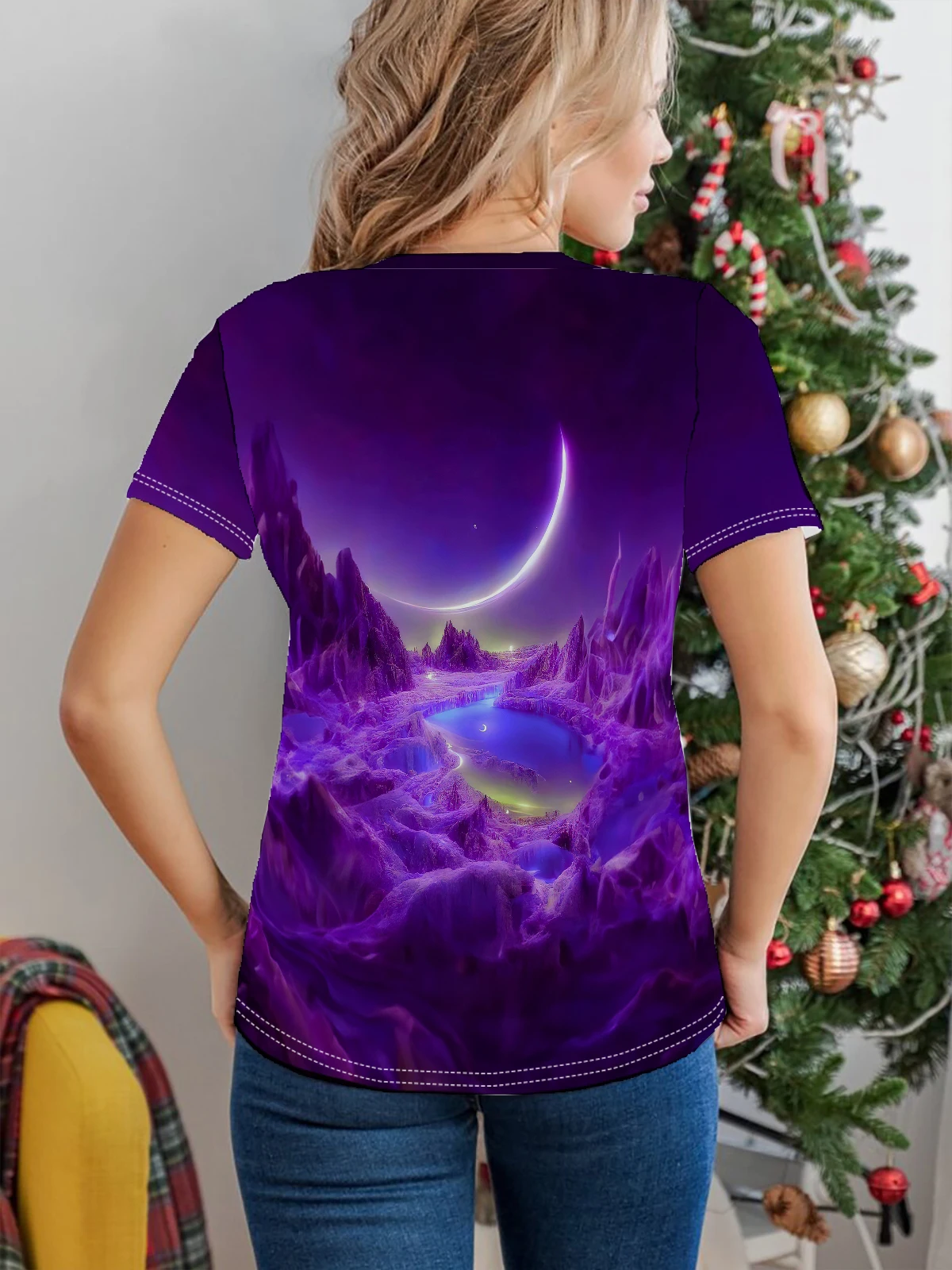 Purple landscape Print Crew Neck T-Shirt, Casual Short Sleeve Top For Spring & Summer, Women's Clothing