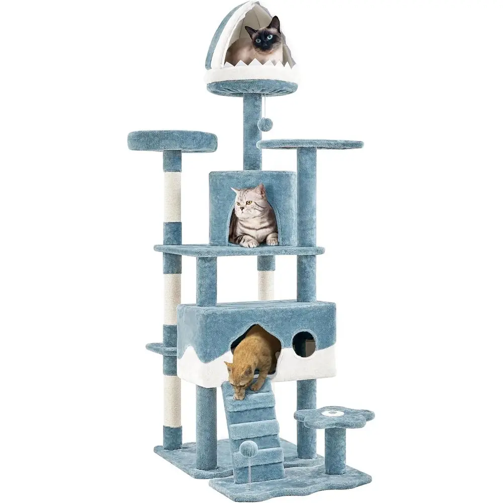 Ocean-Inspired Multi-Level Cat Tower with Bed, Perches, and Interactive Toys for Large Cats