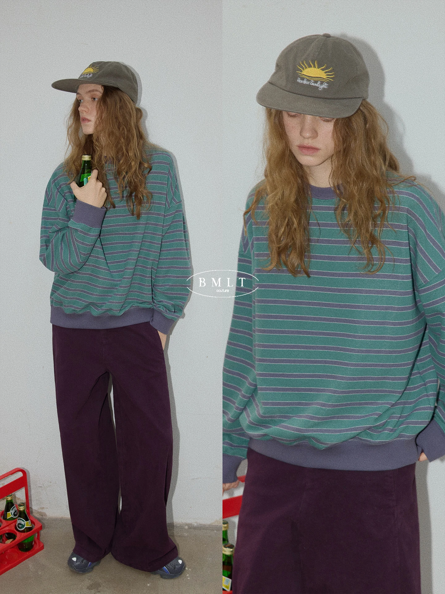 

BMLT Women's round Ne Hoodie Loose Fit Spring Season Color Striped Pattern Non-Fce Korean Sle Casual Wear