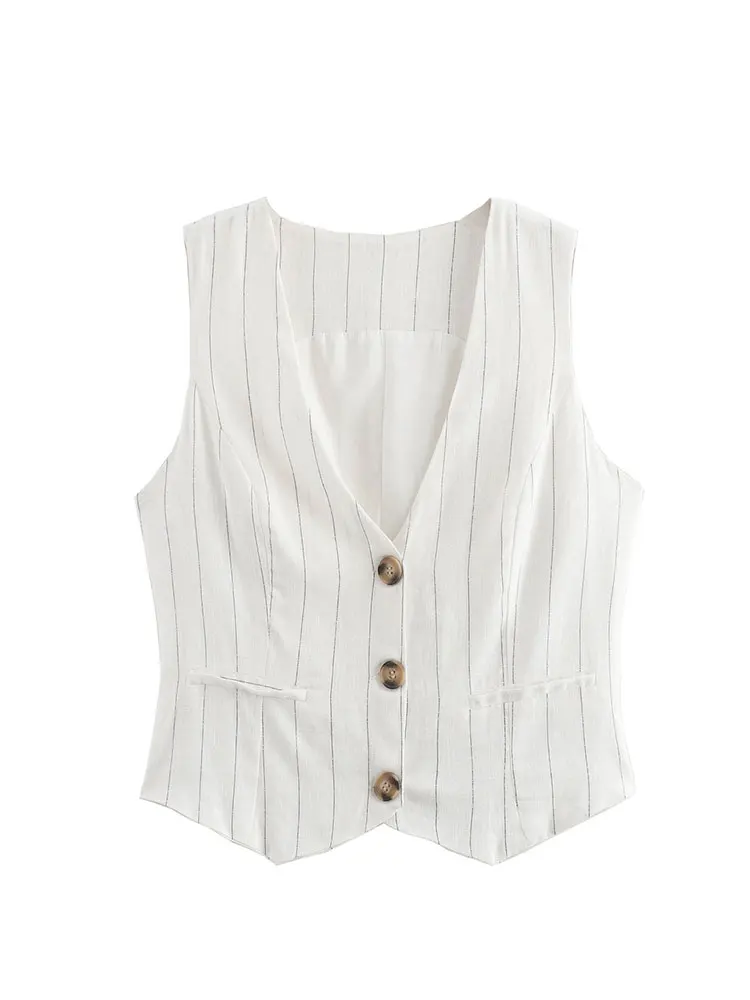 

TRAFZA Summer Retro Women's Textured Cotton And Linen Suit Vest V-neck Sleeveless Women's Single-breasted Vest Street Top Traf