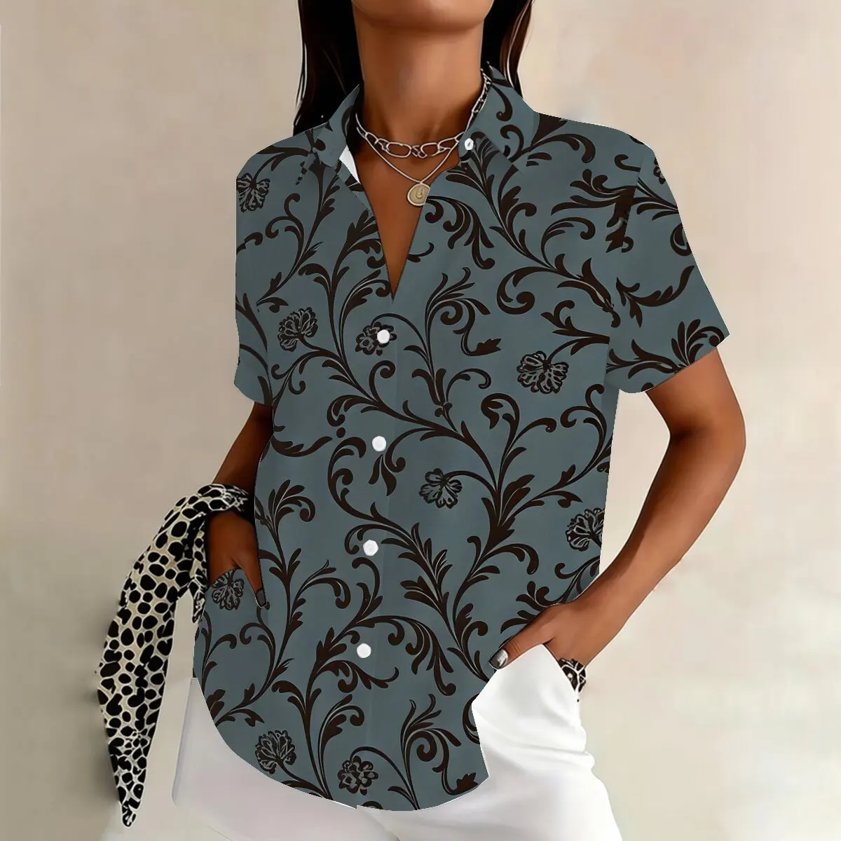 

Simple and personalized floral print women's summer collar short sleeved shirt, fashionable and casual daily versatile top
