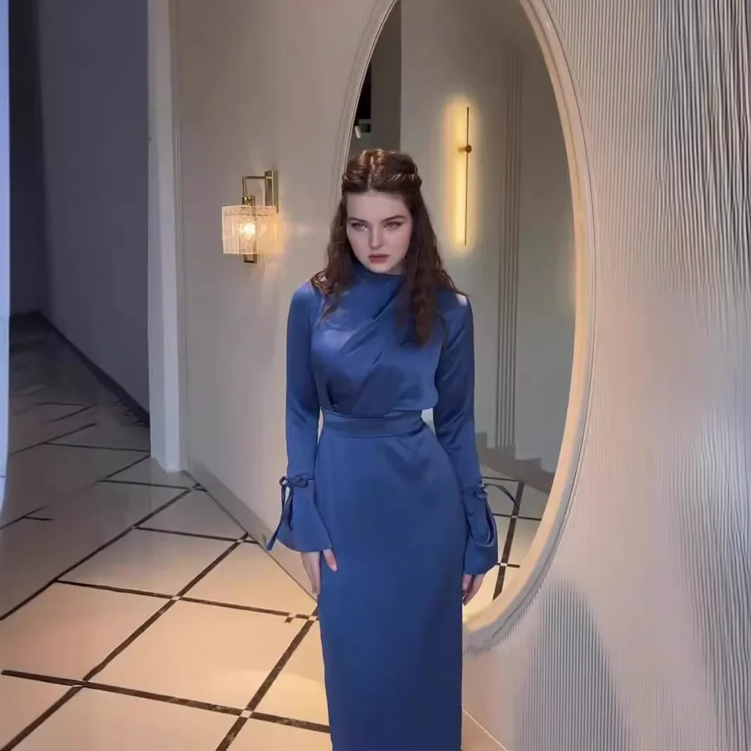 Women Satin Bandage Maxi Dress Slim High Waist 2024 Fashion Elegant Long Sleeve Dress Ladies Gown Long Dress