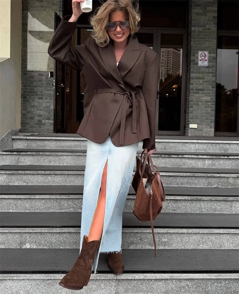 

Brown Black Women Suit 1 Piece Blazer With Blazer Belted Party Jacket Autumn Fall Formal Office Lady Wedding Guest Birthday Coat