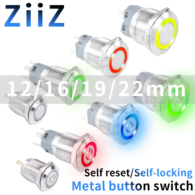 12 16 19 22mm Metal Button Switch LED Light Waterproof Momentary Self-Locking Car Engine Power Supply 5V 6V12V24V 220V Red Blue