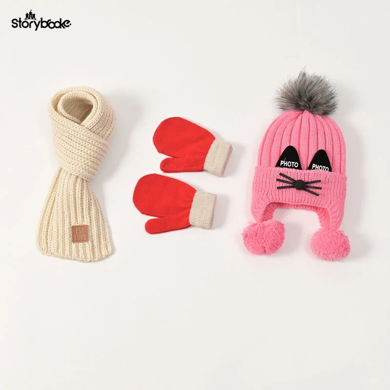 Hat scarf gloves Baby hat scarf gloves three-piece set Autumn/winter children\'s woolen hat boy/girl cartoon cat beard