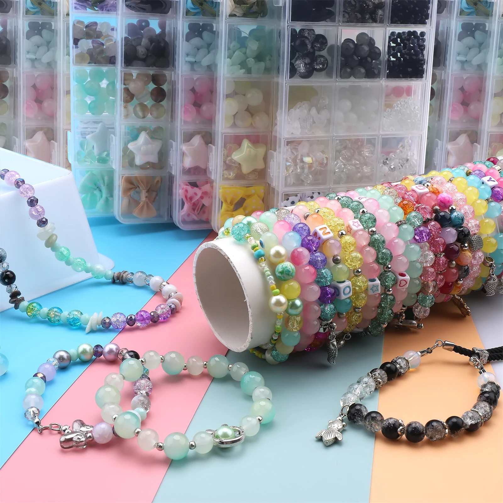 Crystal Glass Beads for Jewelry Making Kit Round Crackle Beads Rondelle Beads Beading Supplies for Bracelet Necklace Earring