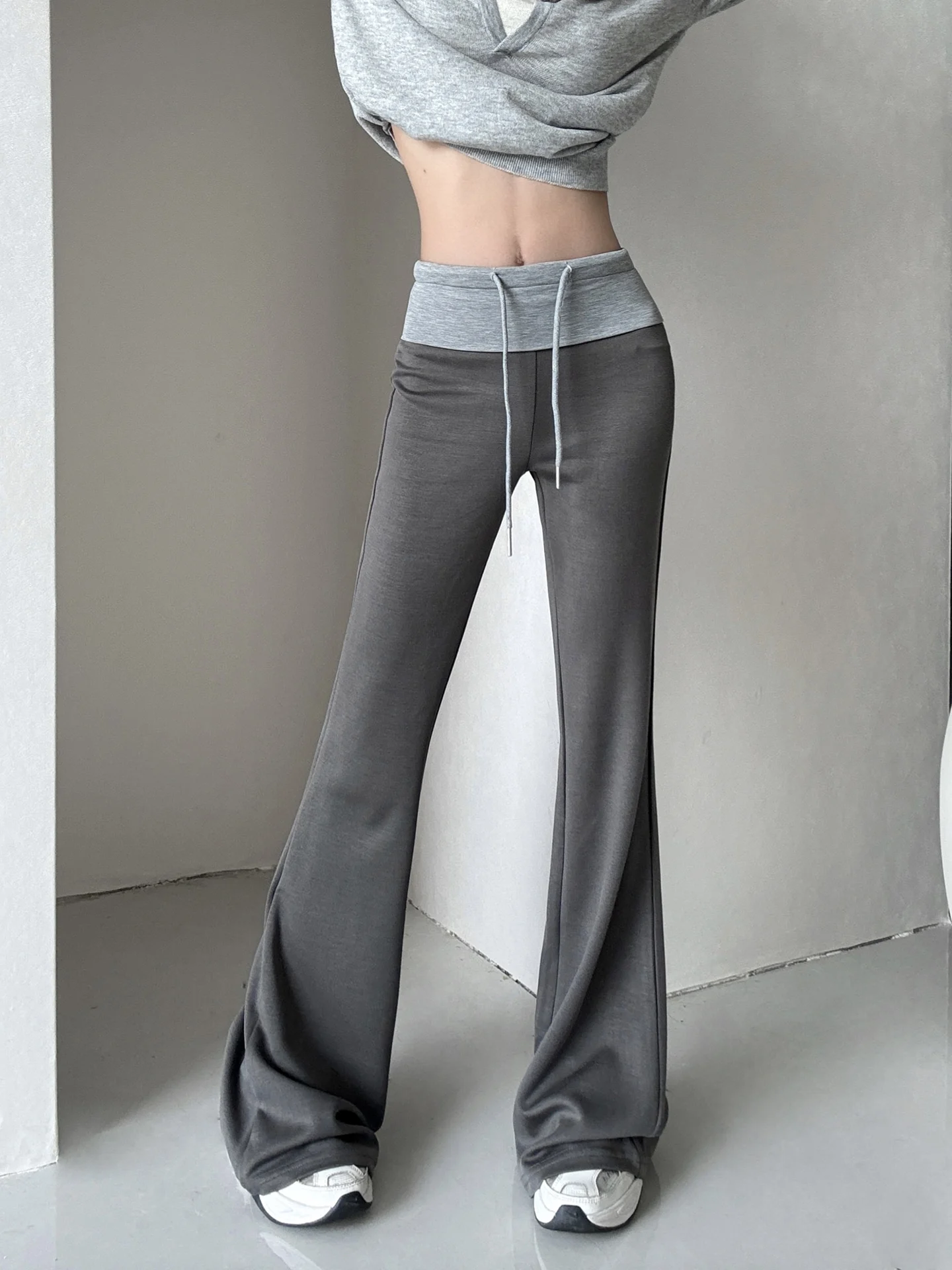 High Waist Loose Casual Long Pants Women's Drawstring Drapey Loose Fit Trousers Autumn New Style Color Block Bell Bottoms