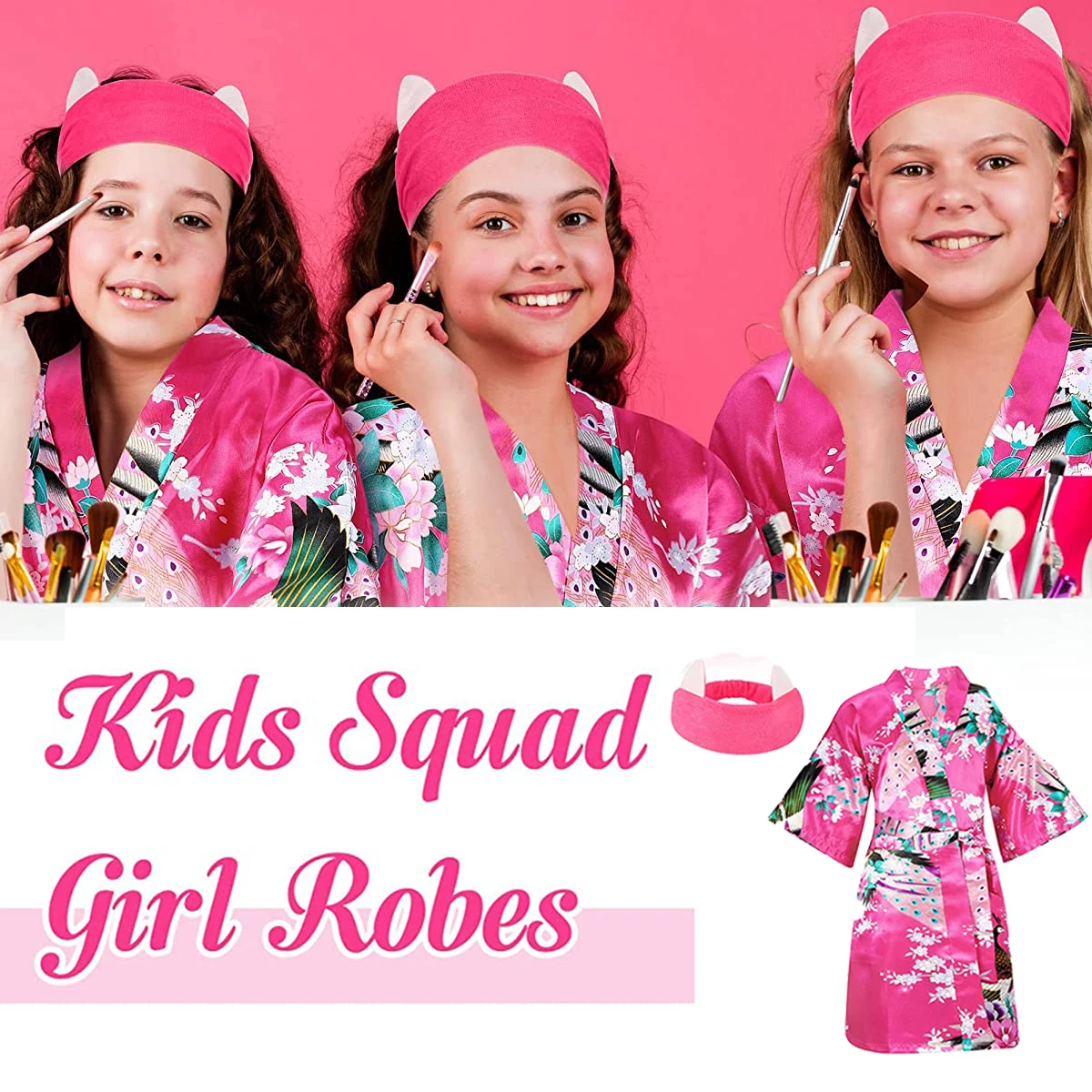 5/10Sets Spa Party for Girls Kids Robes Kmono Girl Birthday Party Satin Robes Flower Girl Bathrobe DIY Bathrobes with Headband