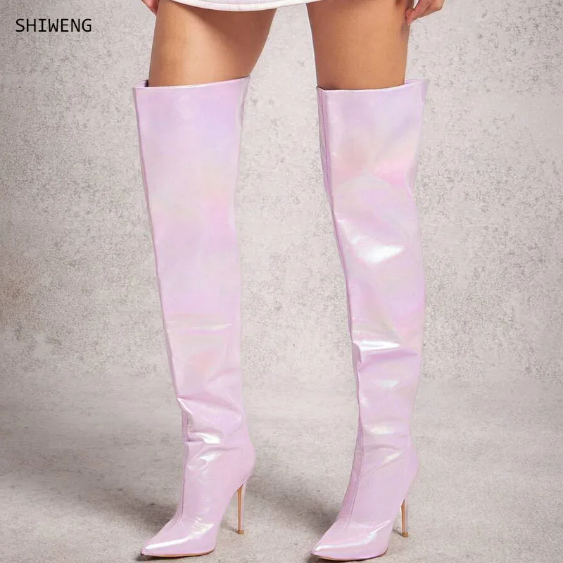 

Pink High Heels Women Shoes Over The Knee Boots Women's 2025 Winter Sexy Pointed Toe Thigh High Boots With Back Zip 44