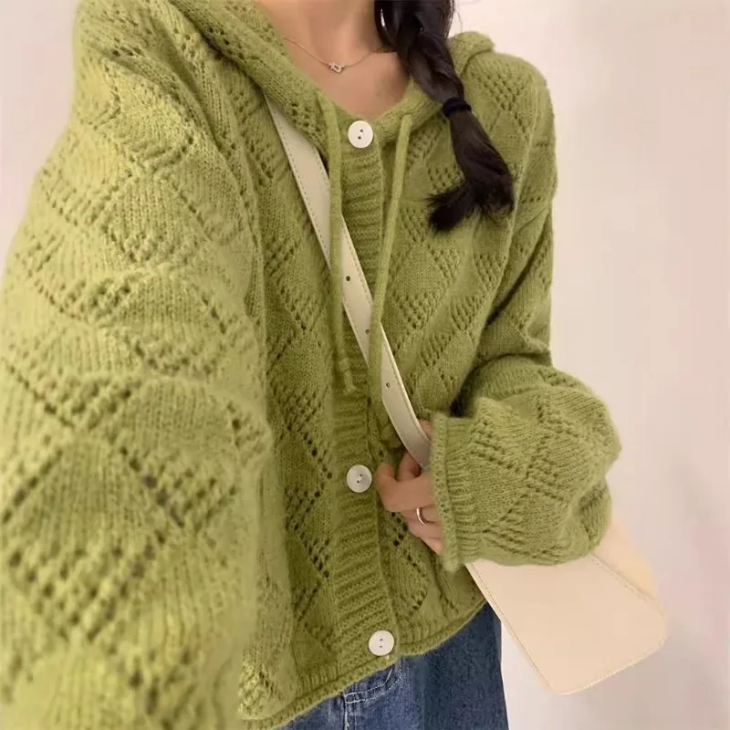 Cardigan da donna con cappuccio lavorato a maglia vestibilità ampia Ins delicato ed elegante stile coreano scava fuori tutto-fiammifero Harajuku autunno capispalla alla moda accogliente