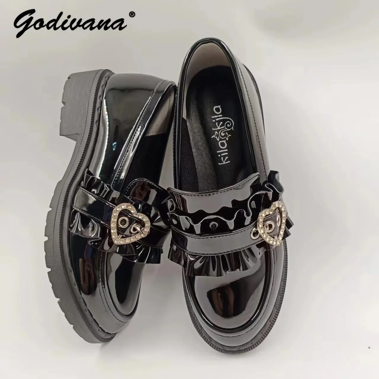 

Japanese Sweet College Style JK Uniform Shoes Round Toe Mid Heel Pleated Love Rhinestone Black Leather Shoes for Women