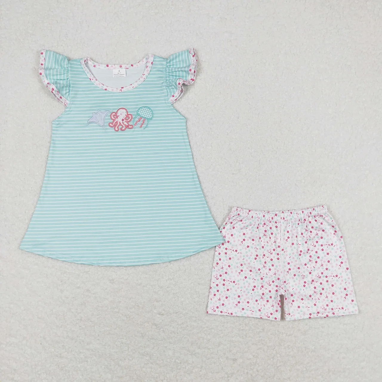Wholesale Kids Children Short Sleeves Embroidery Tops Two Pieces Baby Girl Summer Set Fish Outfit Toddler Ruffle Shorts Clothes