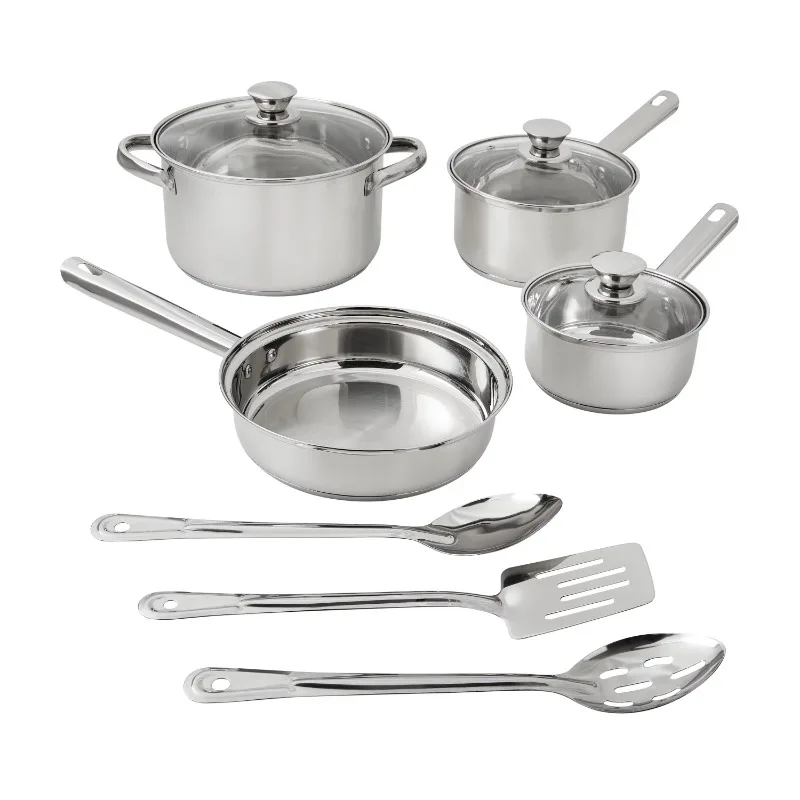 10-Piece Stainless Steel Cookware Set, Pots and Pans Kitchen Cooking Set with Stay-Cool Handles, Dishwasher Safe, Silver