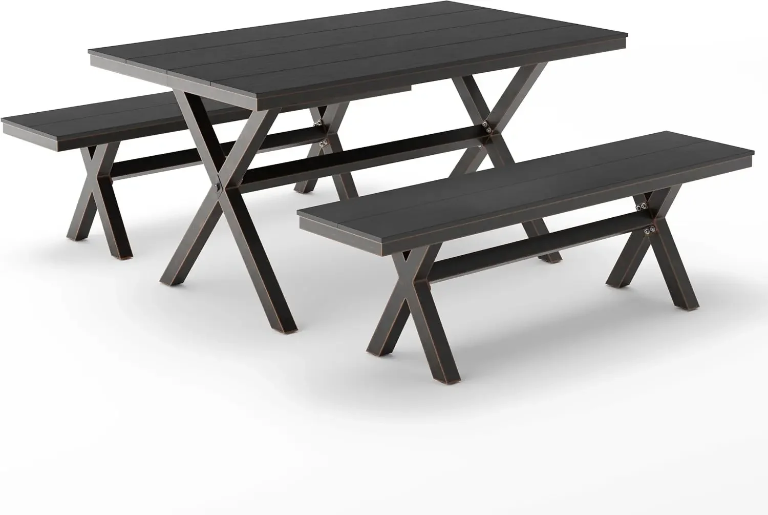 

3 Pieces Patio Table Set, HDPS and Aluminum Material, Outdoor Dining Table Set with 2 Benches, Weather Resistant, Modern X-Leg