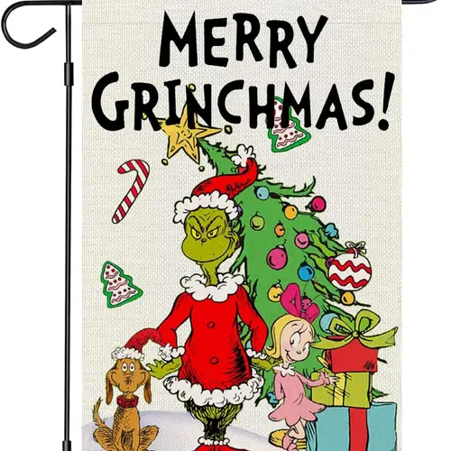 H Yaou Merry Grinchmas 정원 깃발, 양면 크리스마스 트리 엘프 그린, 작은 삼베 크리스마스 마당 깃발, 농가 정면, 12x18 