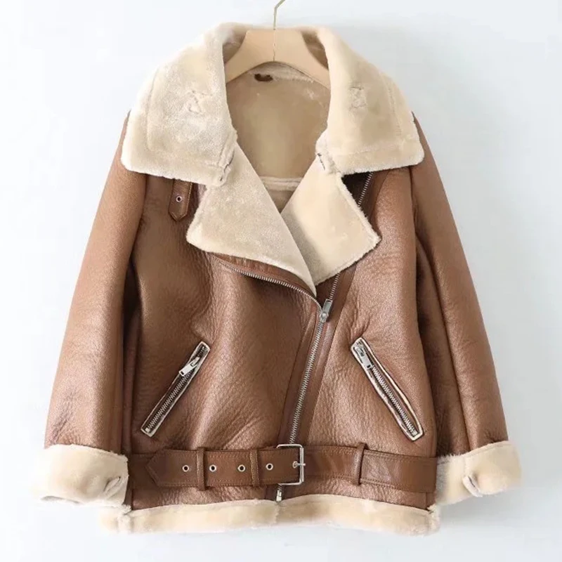 2023 Winter Coats Women Thickness Faux Leather Fur Sheepskin Female Fur Leather Jacket With Belt Lady Outwear Casaco Feminino